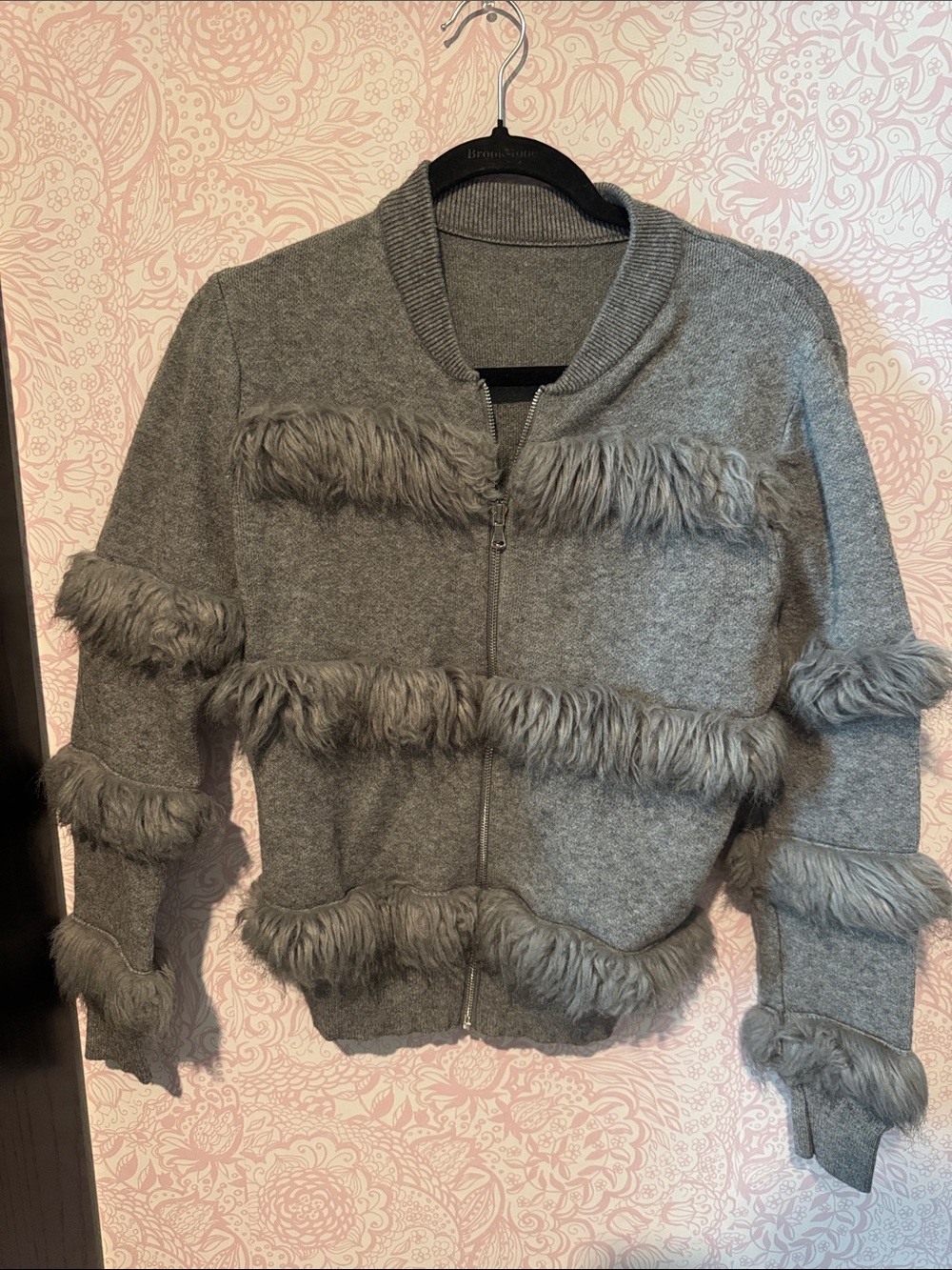 Source Unknown Gray Faux-Fur Trim Bomber Jacket